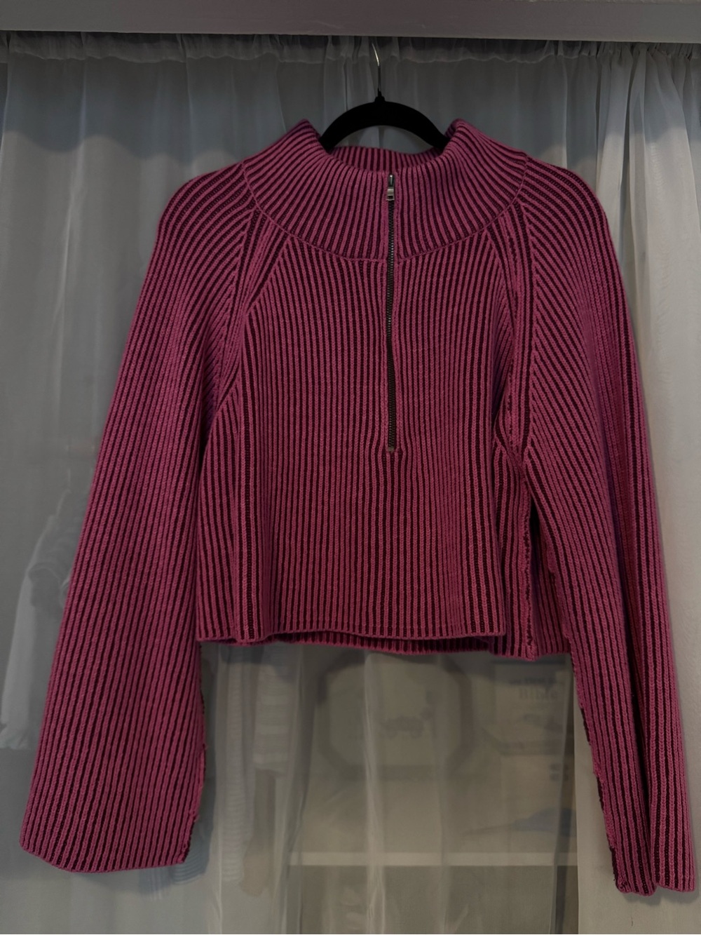 Free People Ribbed Chunky Knit Half-Zip Cropped Sweater in Magenta
